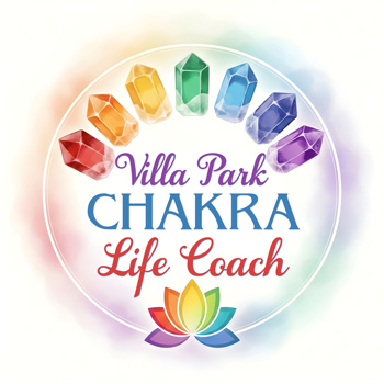 Villa Park Chakra Life Coach text with 7 colorful crystals above the text like a rainbow. A colorful lotus flower is under the business name.